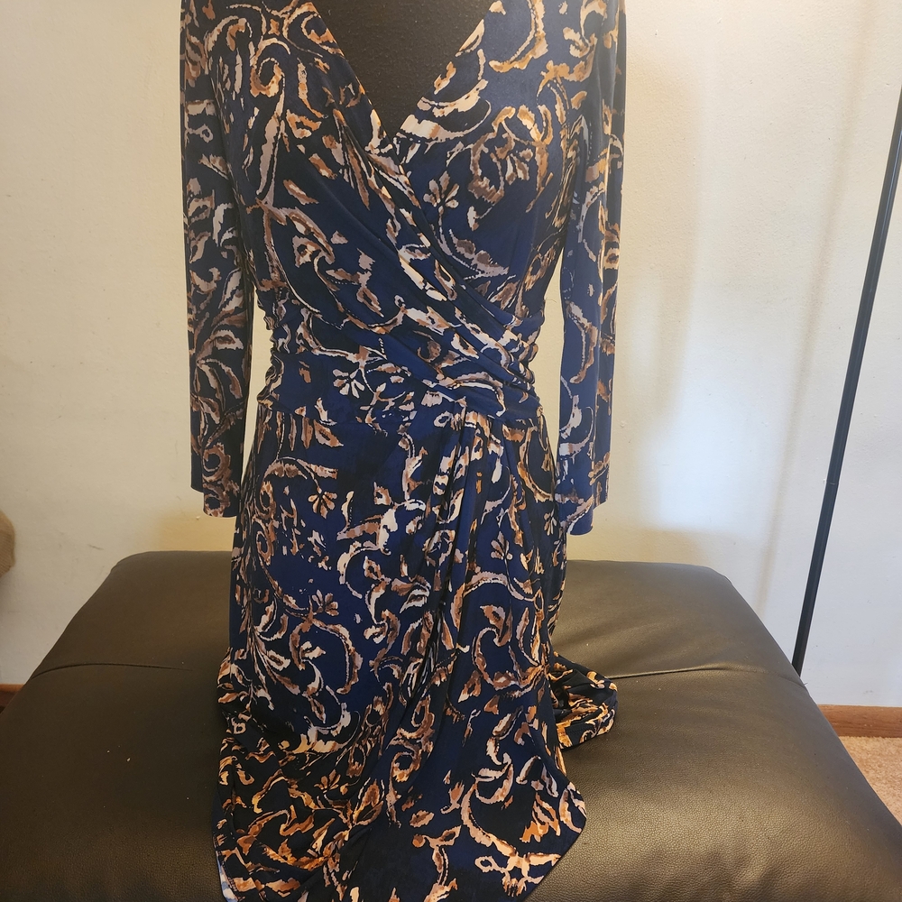 Chaps Navy and Gold Long Sleeve Dress